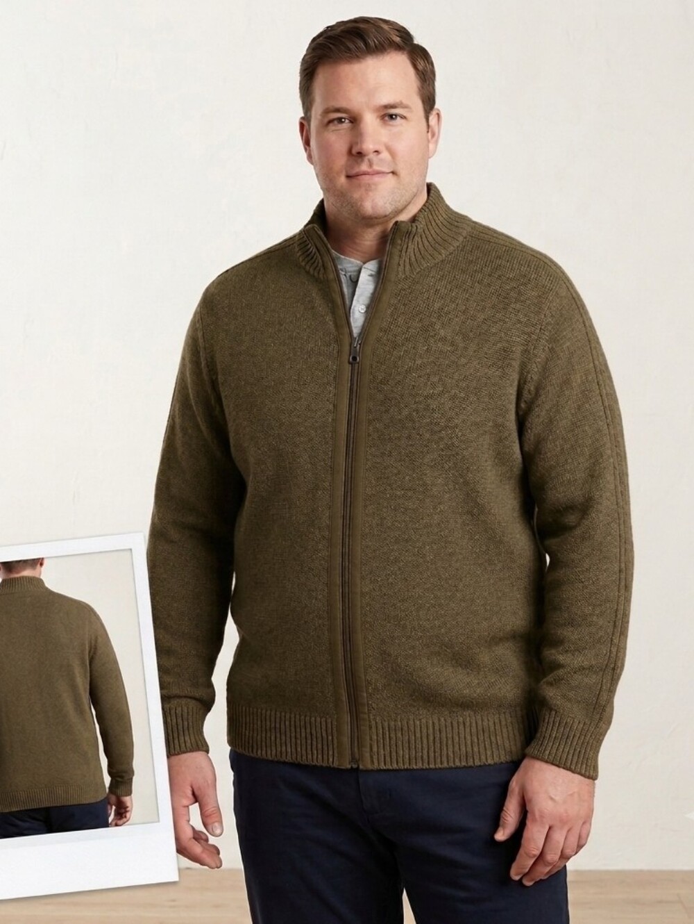 SIMON'S LE31🤎MOSS GREEN/BROWN Zip-Up Sweater 100%COTTON Size XXL